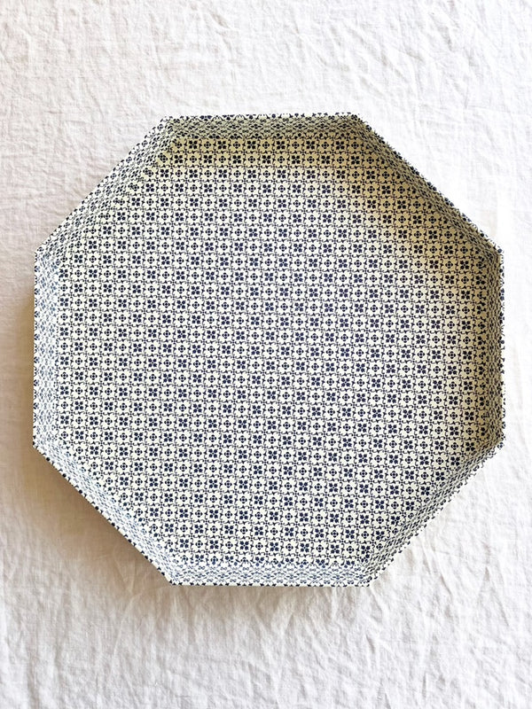 octagonal paper tray with tiny navy and white floral print 14 inches