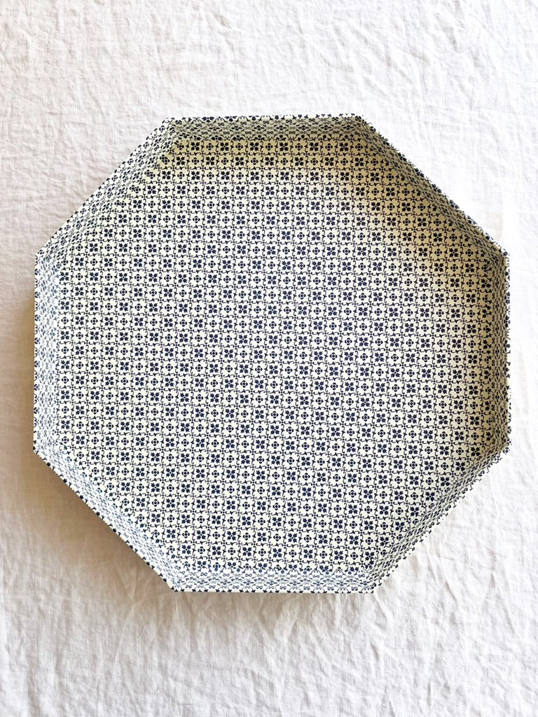 octagonal paper tray with tiny navy and white floral print 14 inches