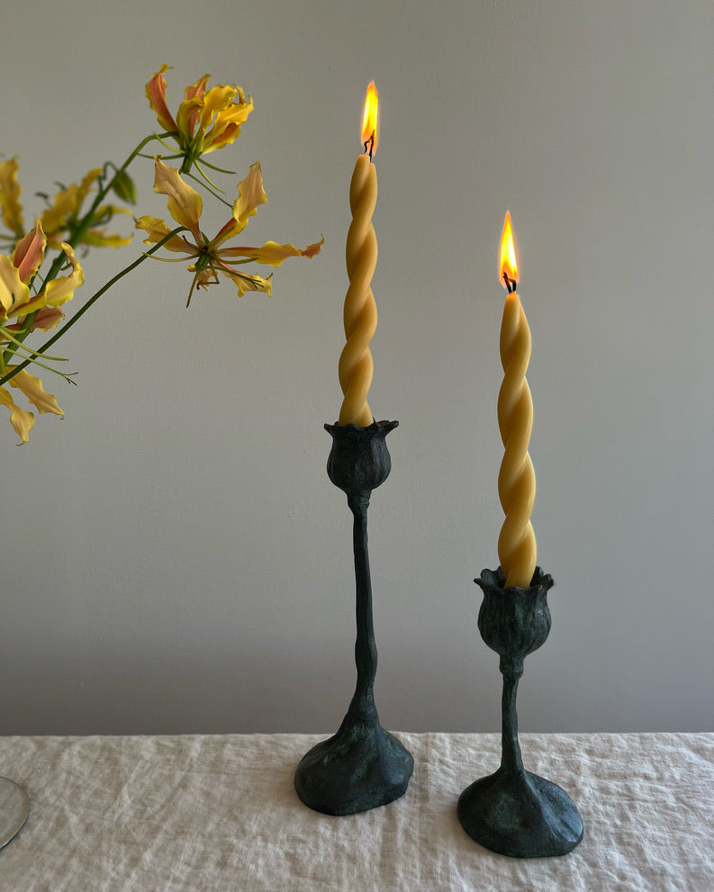 poppy pods taper candle holder 9 inch and 5 inch with yellow flower