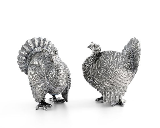 turkey shaped pewter salt & pepper shakers on white background