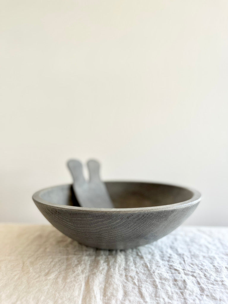 smoke maplewood salad bowl with salad servers side view