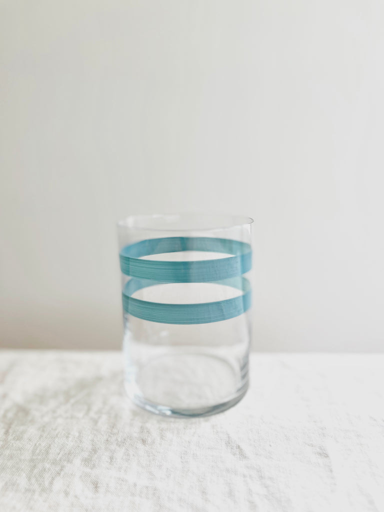 water glass with teal stripes 4 inch detail