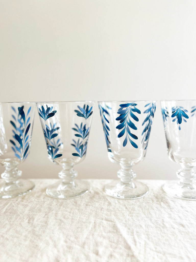 hand painted wine glasses with blue leaf pattern group of four