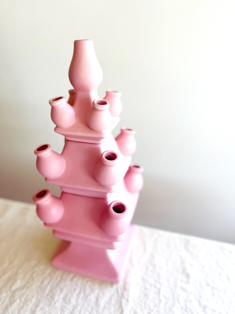pink ceramic tulipiere tower 15.75 inches tall detail view