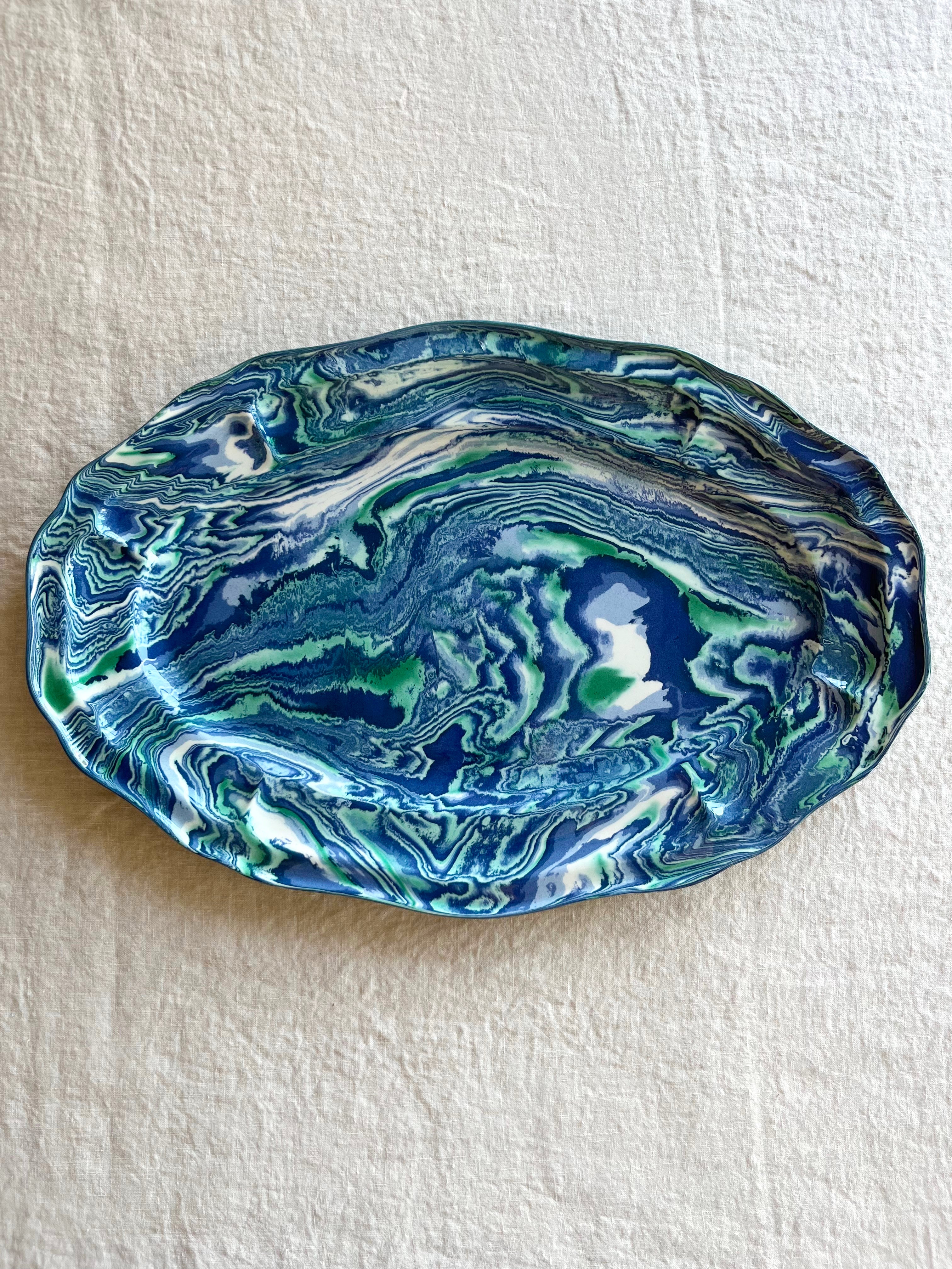 blue terre Melee scalloped platter horizontal view