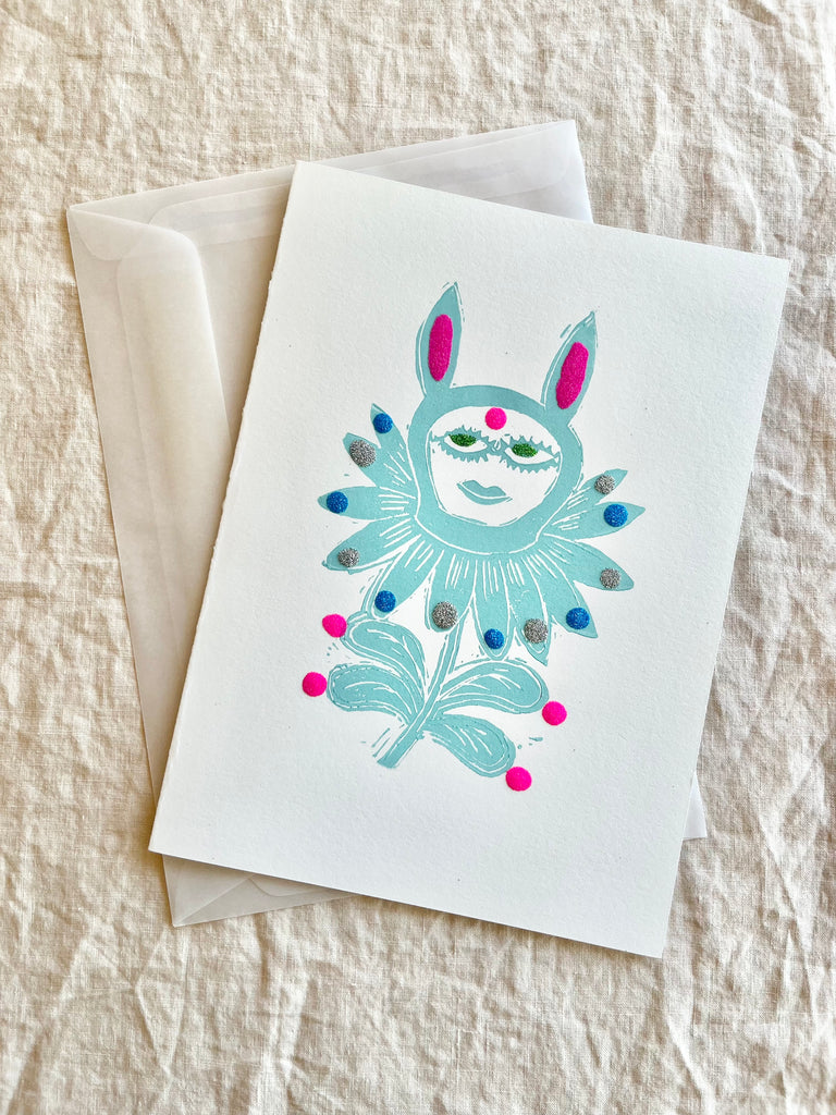 block print hand made card aqua and white bunny bloom 7.25" by 10" with envelope