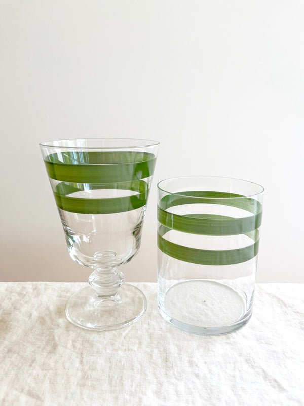 hand painted water glass with two green stripes with matching wine glass