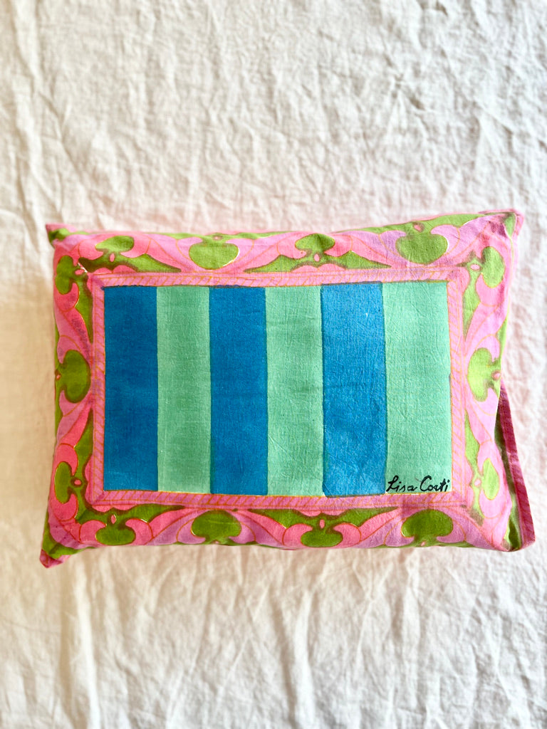 green and blue striped throw pillow cover with pink border 11.8" by 15.8"