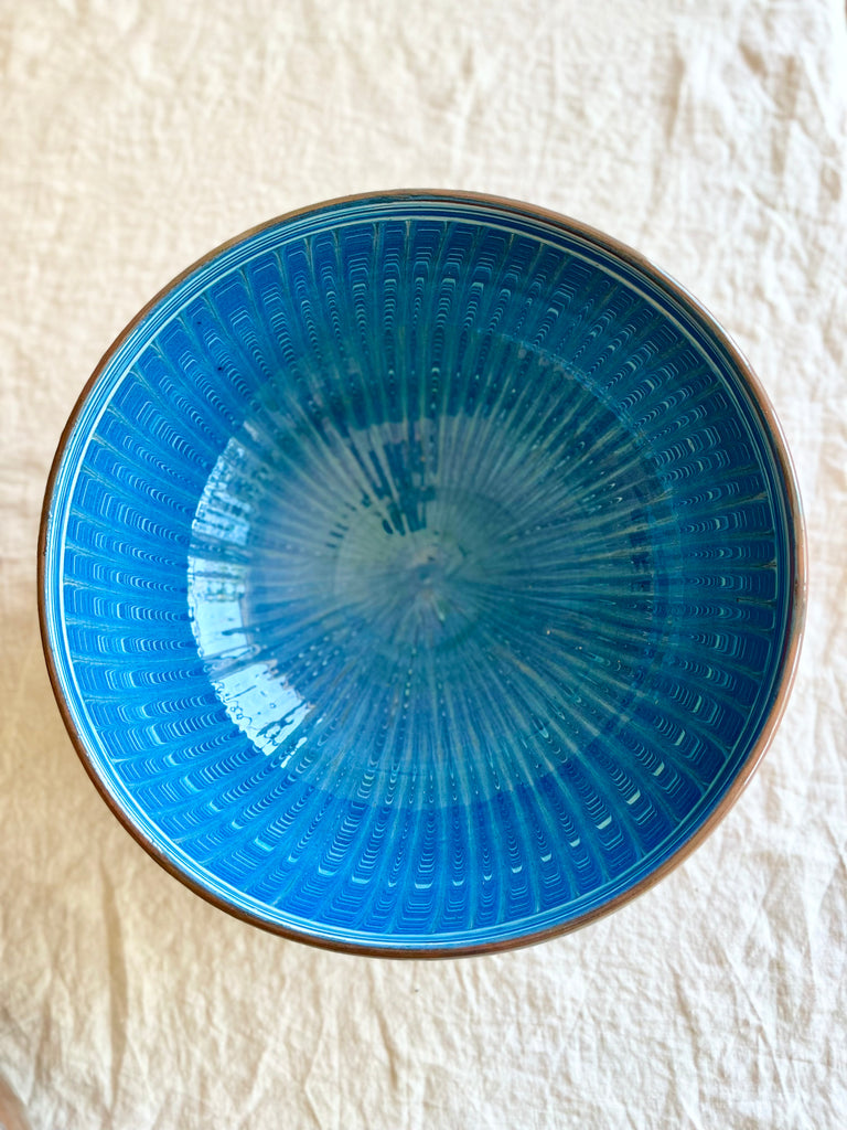 blue pasta bowl bowl with peacock pattern detail view twelve inch aegean