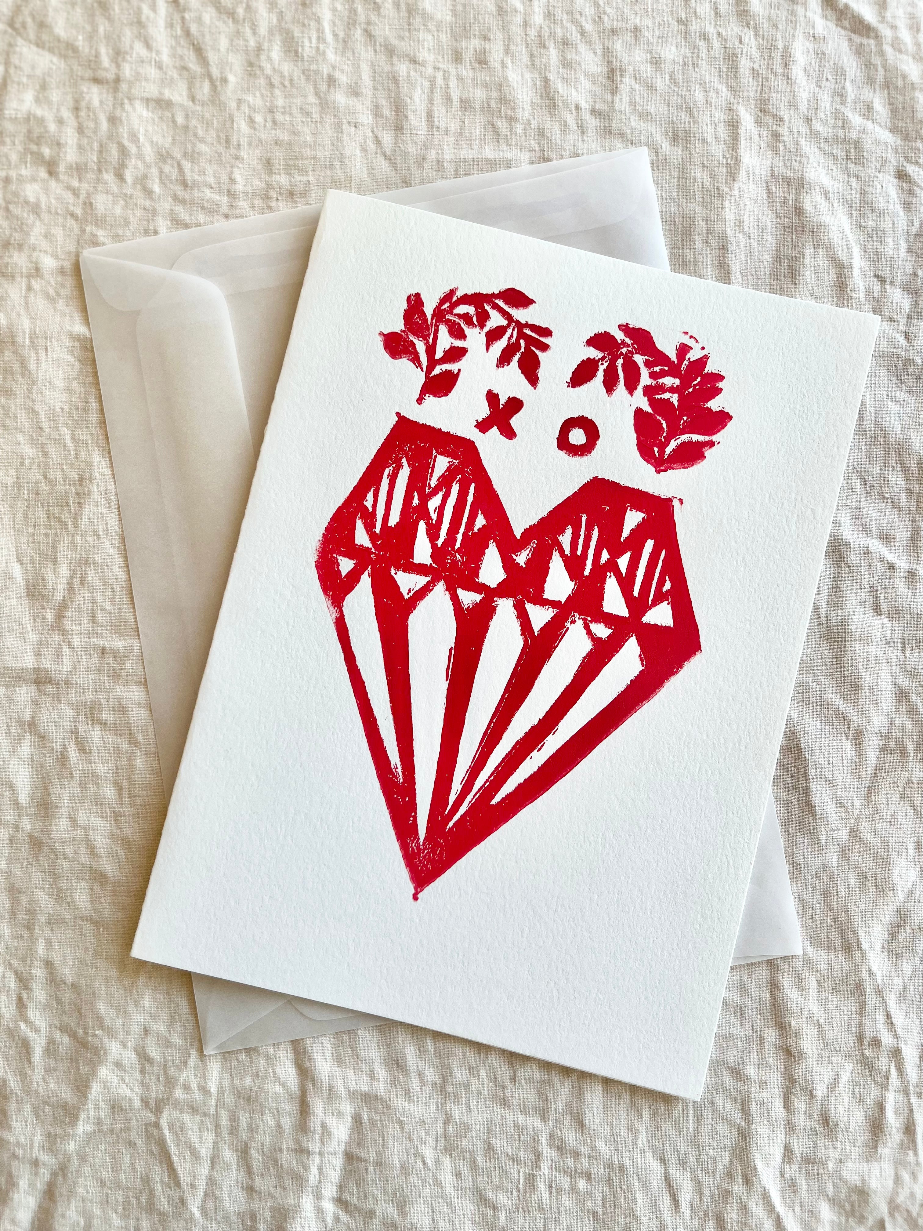 block print hand made card with red heart 7.25" by 10" with envelope