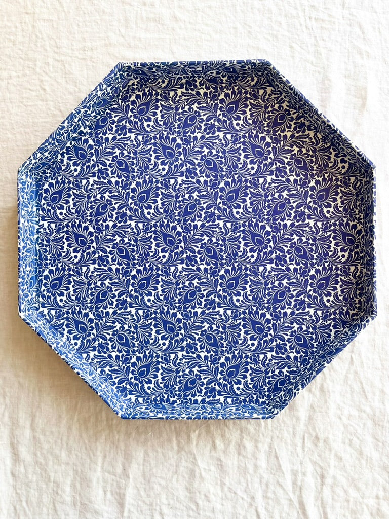 octagonal paper tray with navy and white paisley print 14 inches