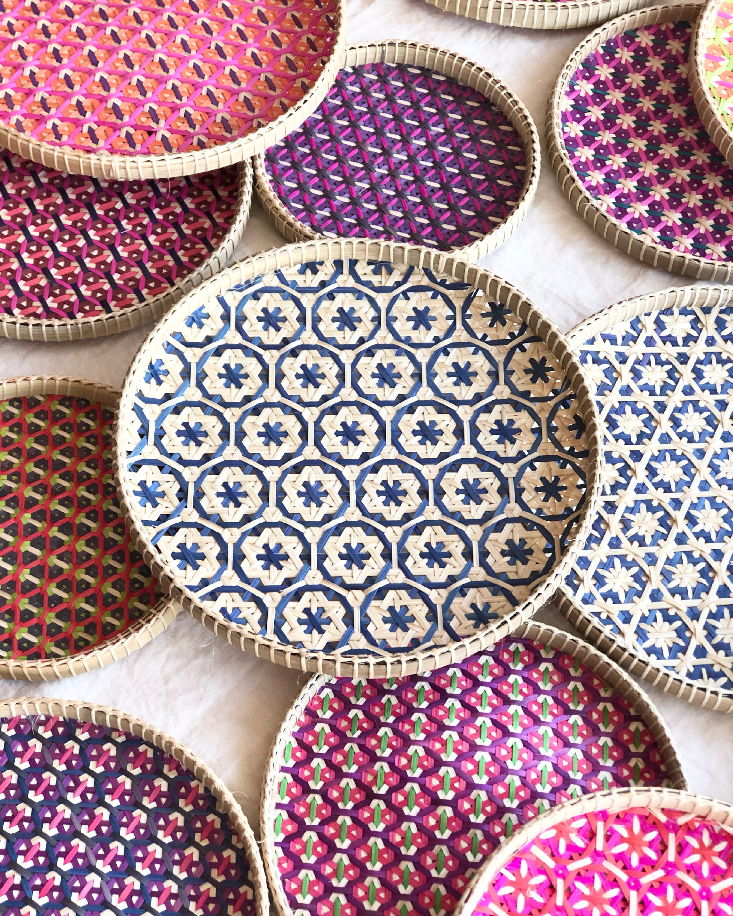 light tan woven tray with navy blue mosaic flower pattern 12 inches with other color options