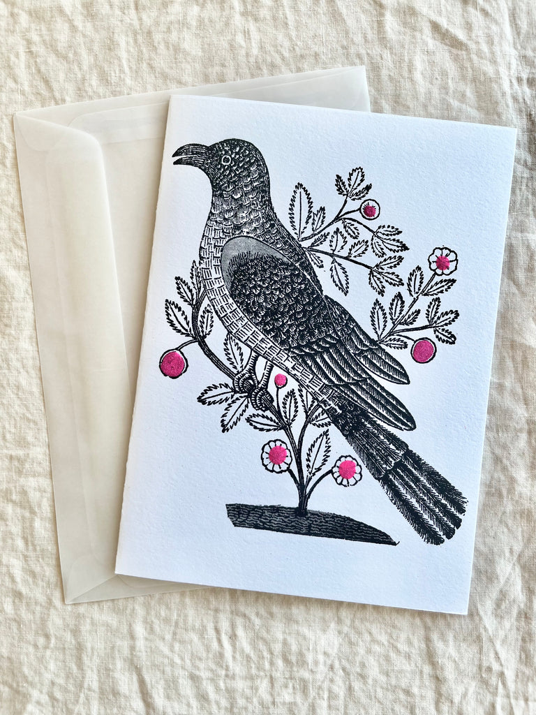 block print hand made card black and white bird with pink flowers 7.25" by 10" with envelope