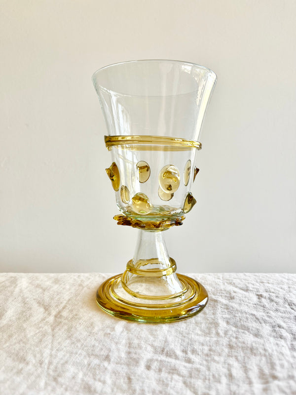 clear hand blown glass goblet with amber glass accents