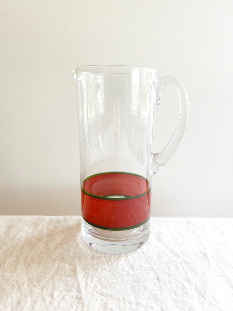glass pitcher with hand painted red and green stripes detail view