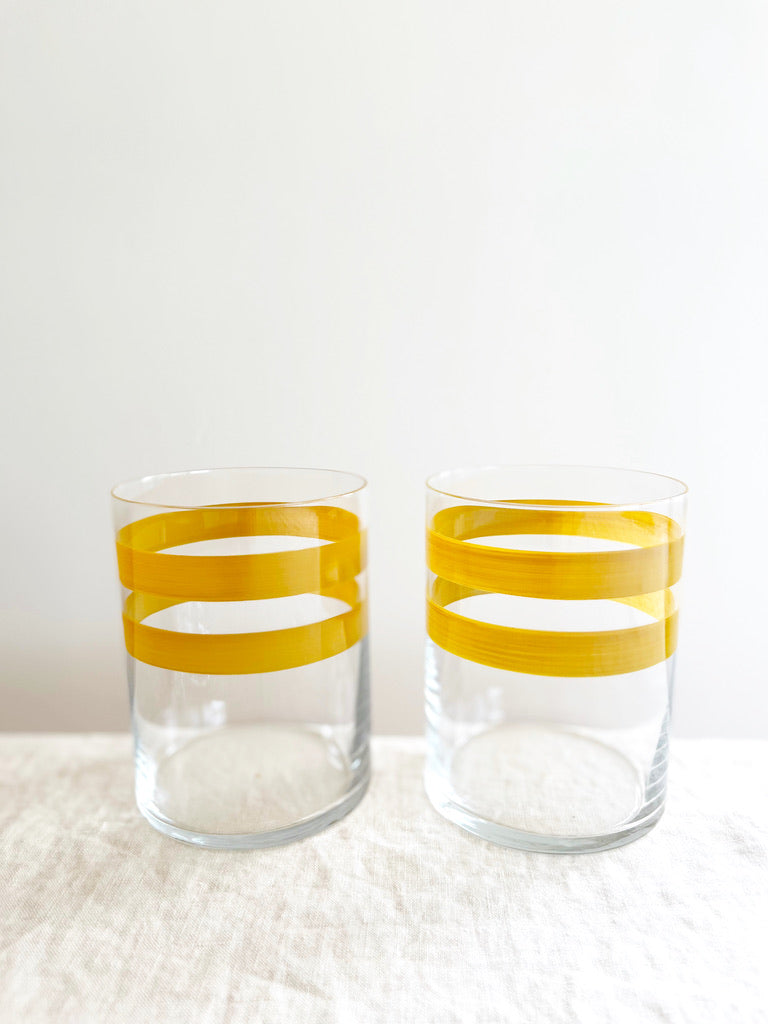 water glass with yellow stripes 4 inch set