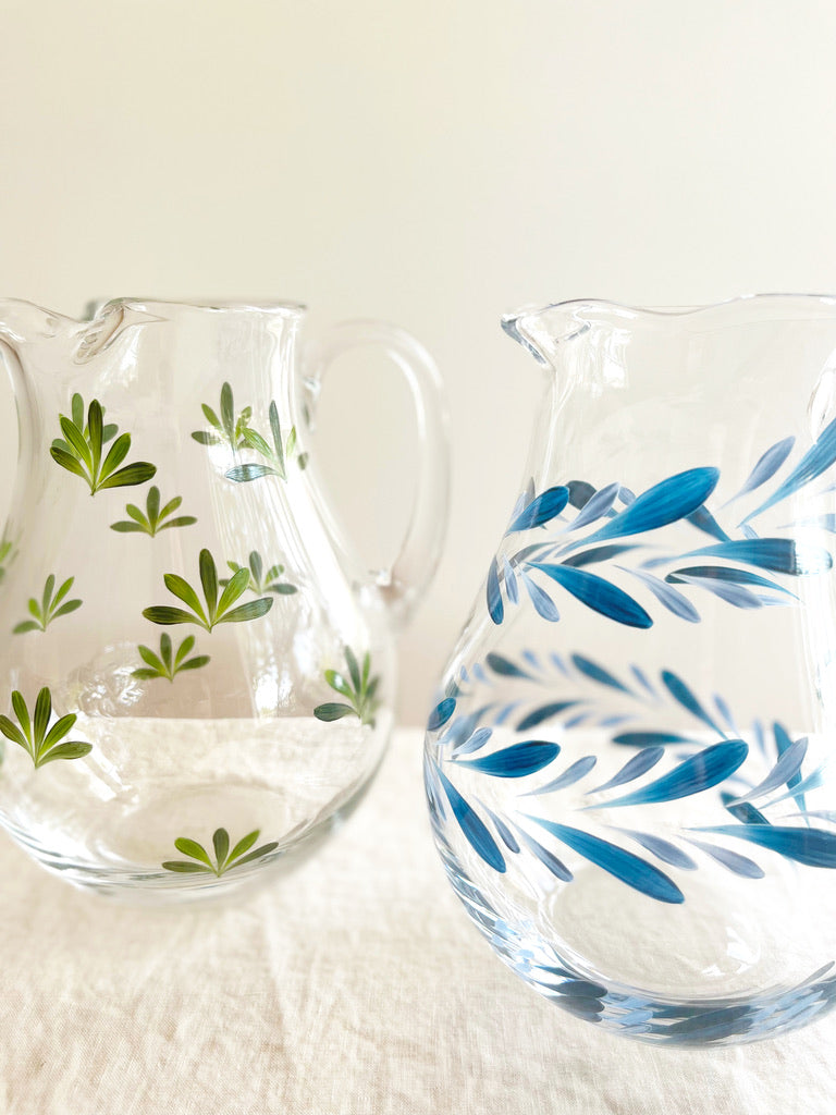 glass pitcher with dark green leaf pattern group of two