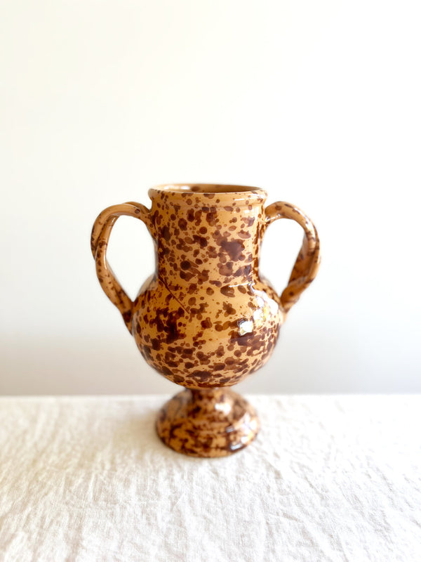 small brown amphora vase with dark brown speckle pattern 8.25 inches tall