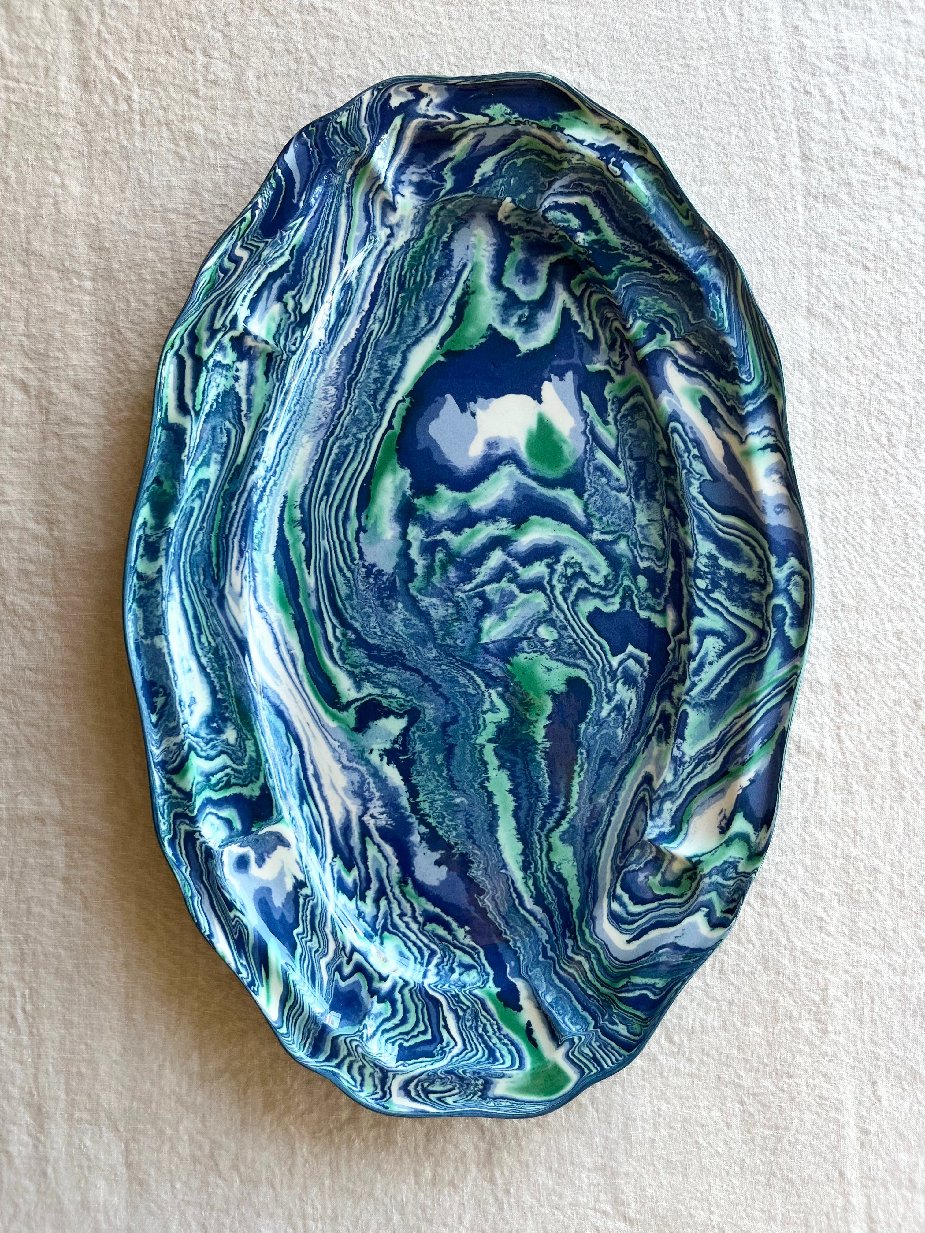 blue terre Melee scalloped platter vertical view