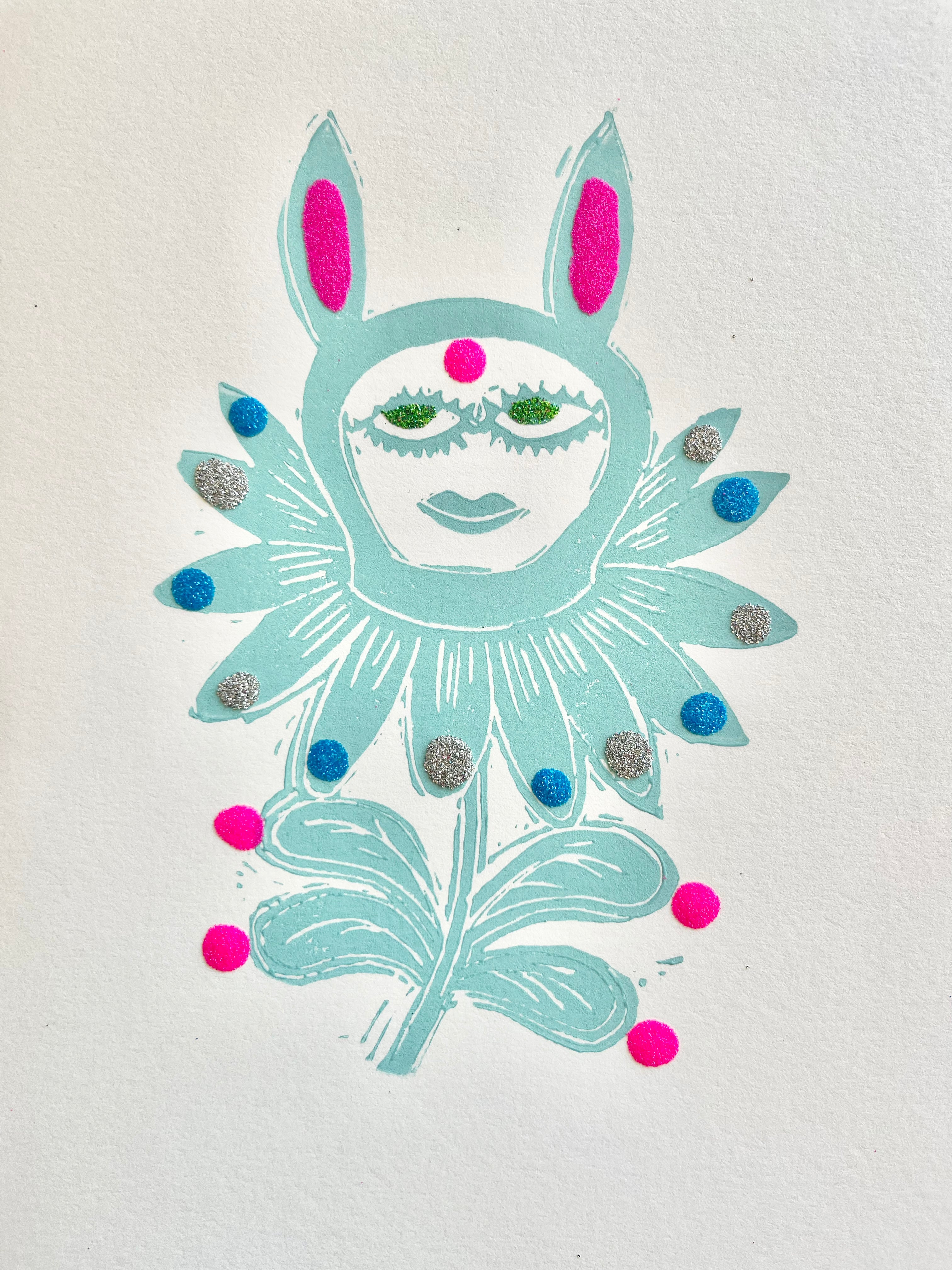 block print hand made card aqua and white bunny bloom 7.25" by 10"