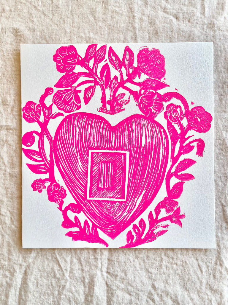block print hand made card with bright pink heart 7" square