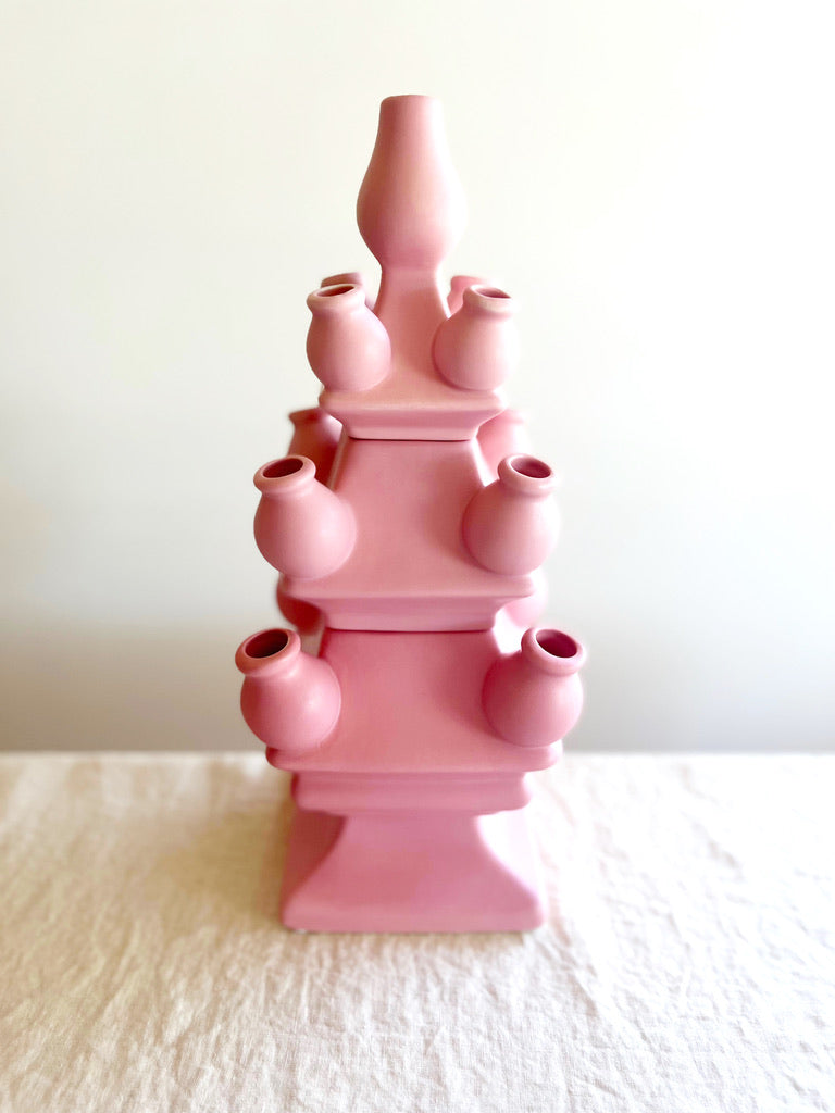 pink ceramic tulipiere tower 15.75 inches tall