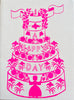 block print hand made card pink and white tiered birthday cake design 7.25" by 10"