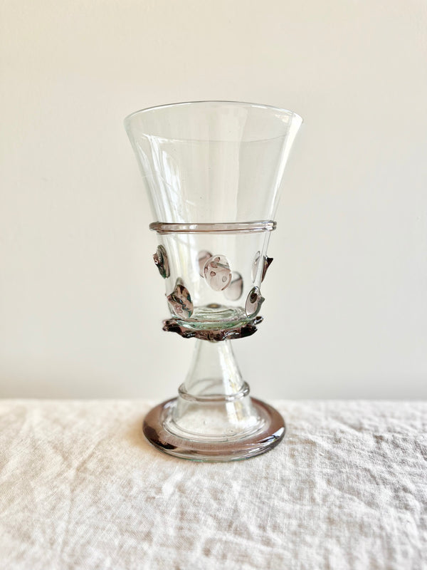 clear hand blown glass goblet with lavender glass accents