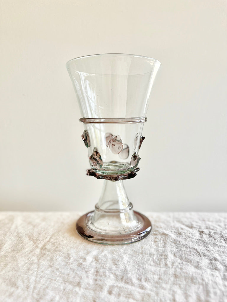 clear hand blown glass goblet with lavender glass accents