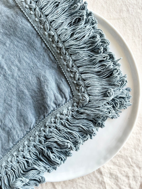 dusty blue linen napkins with fringed edge 18 inches square detail view