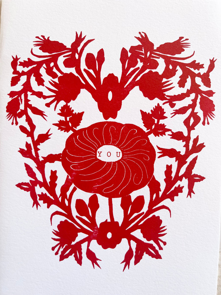 block print hand made card with red heart 7.25" by 10"