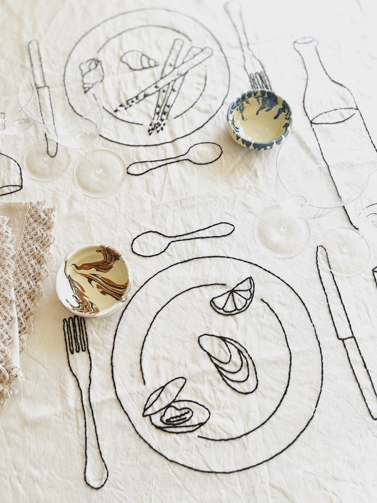 Oyster Embroidered Linen Placemat with settings