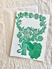 block print hand made card with green flower bouquet 7.25" by 10" with envelope