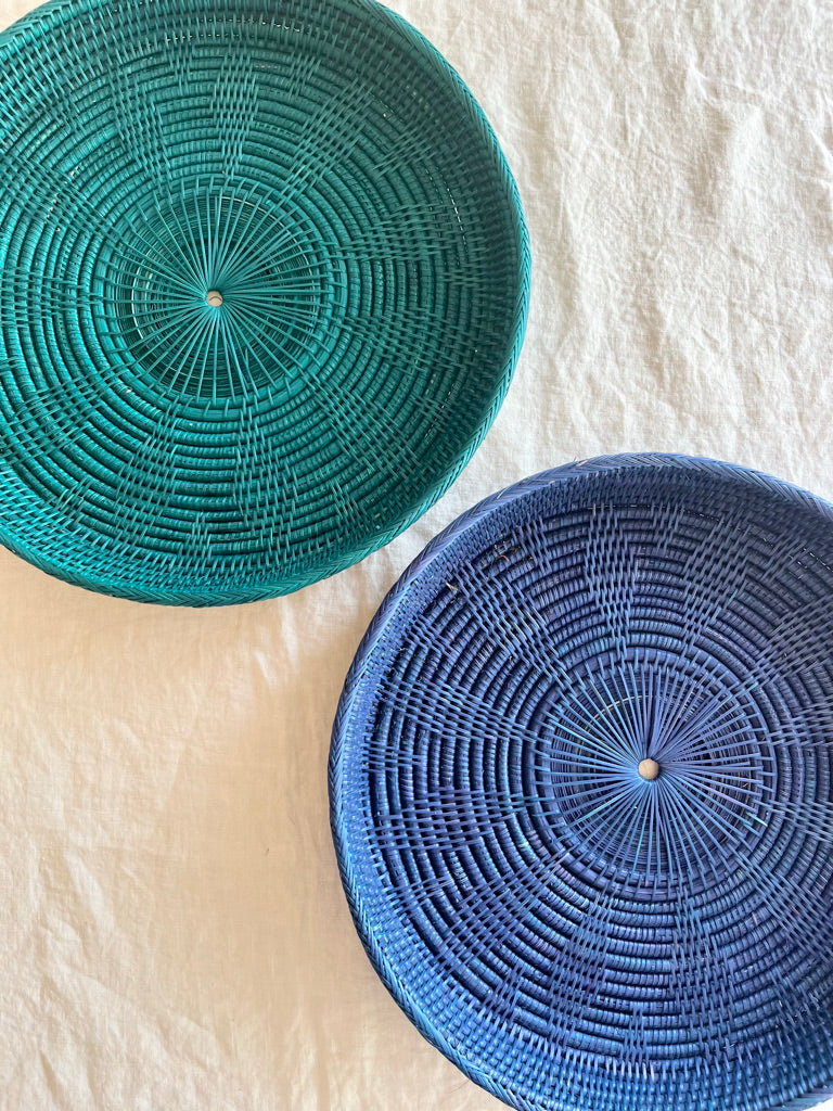 blue round woven tray fourteen inches with other color options