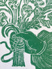 block print hand made card with green flower bouquet 7.25" by 10" detail view
