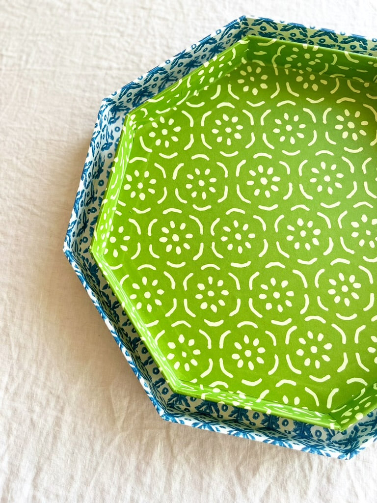 green octagonal paper tray with white floral print 11.5 inches detail view