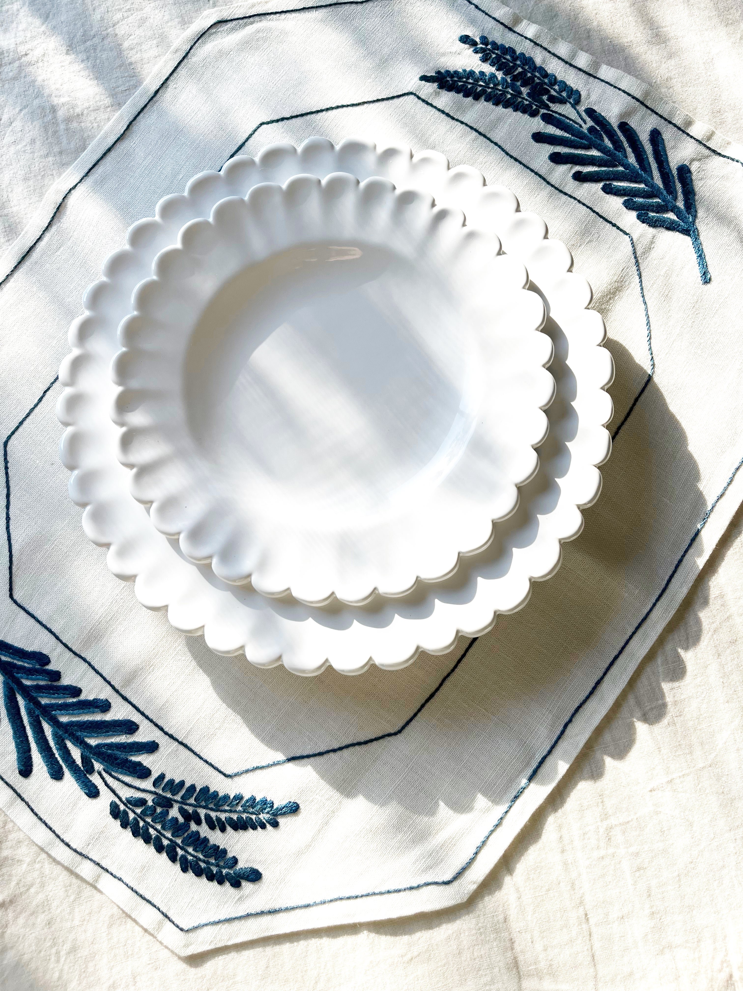 hand painted white dinner plate with scalloped edge with salad plate