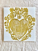 block print hand made card with gold heart 7" square