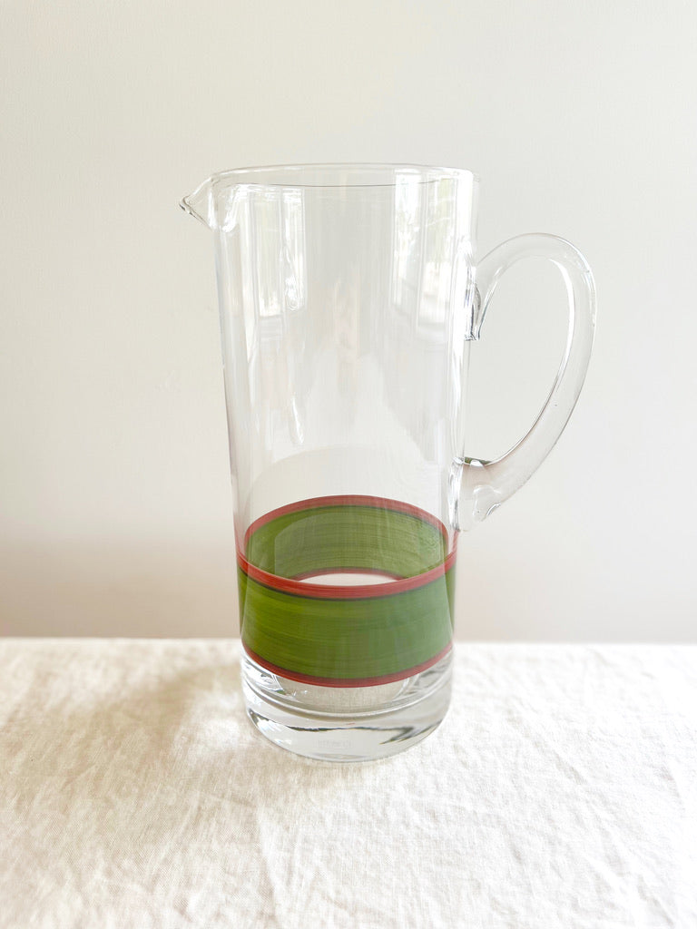 glass pitcher with hand painted green and red stripe 