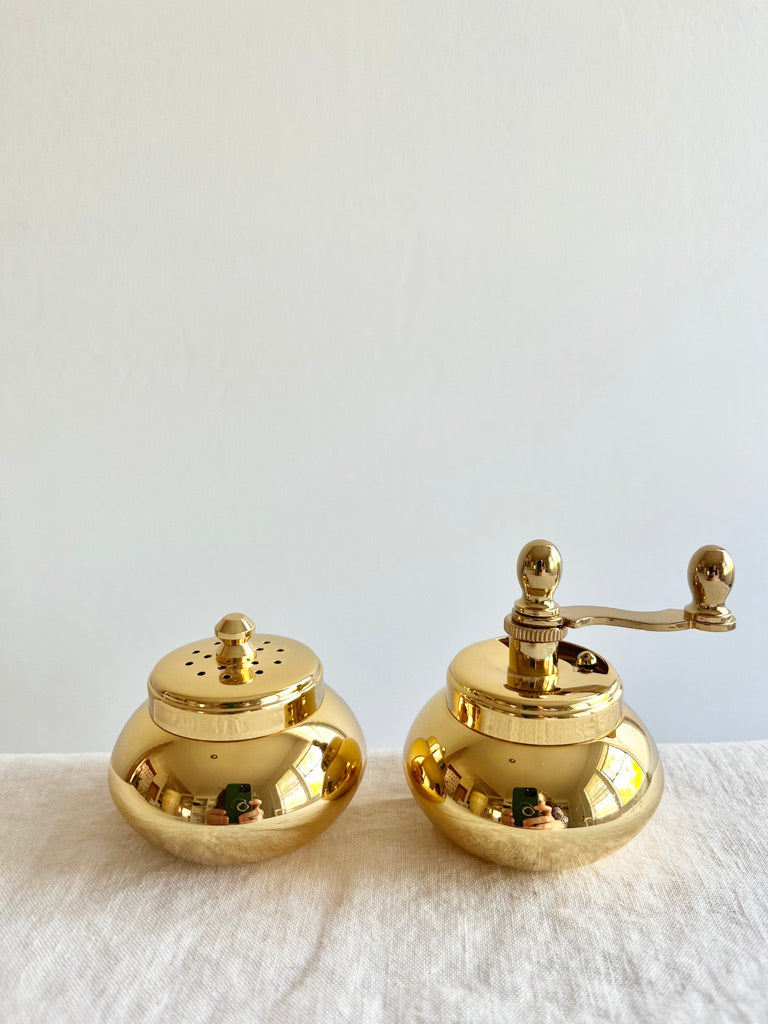 brass salt and pepper mill set close up view