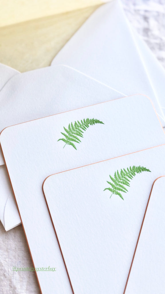 The Printery Fern Gully Note Cards white with green fern and yellow edge 6.25 by 4.5 inches with yellow lined envelope