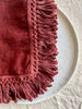 burgandy linen napkins with fringe detail view