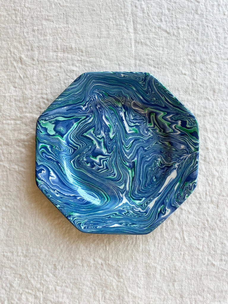 octagonal salad plate with blue green and white swirl pattern 9.75 inches in diameter on white table
