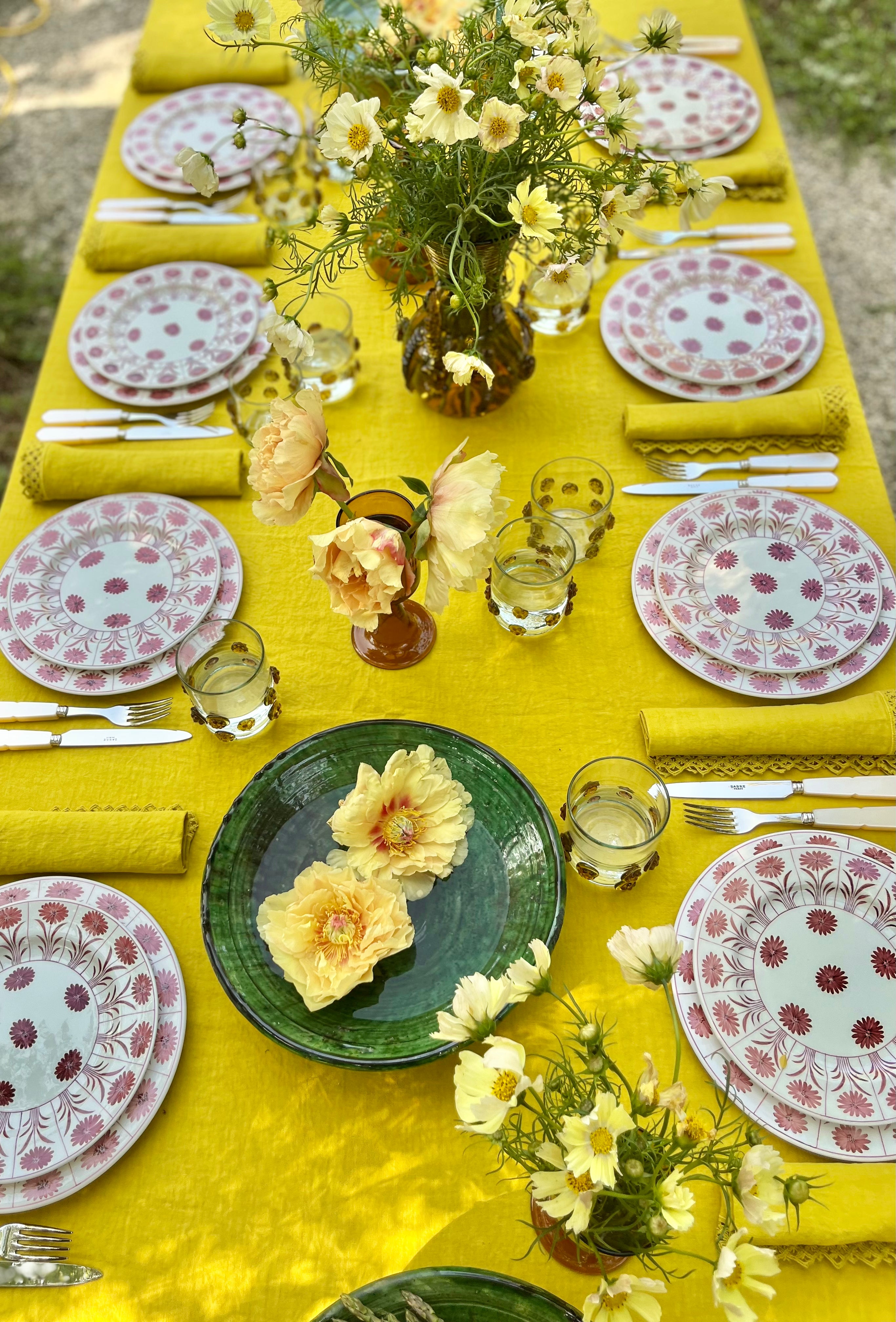 chartreuse linen napkin with macrame edge 18 inches square in tablescape