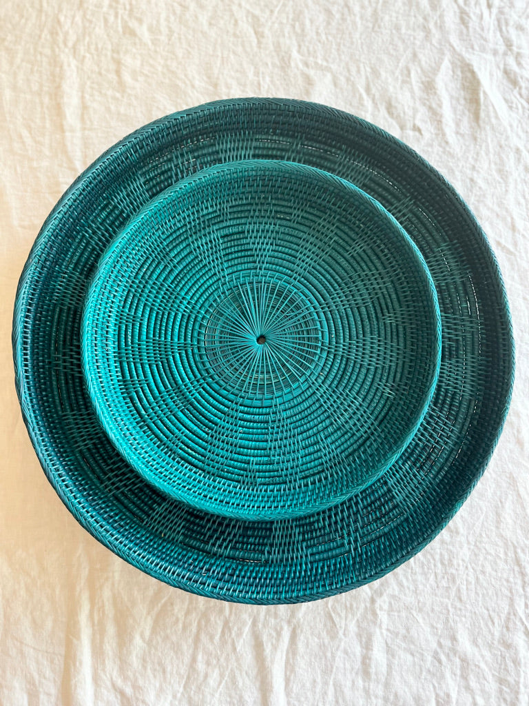 green round woven tray thirty inches nested with smaller tray