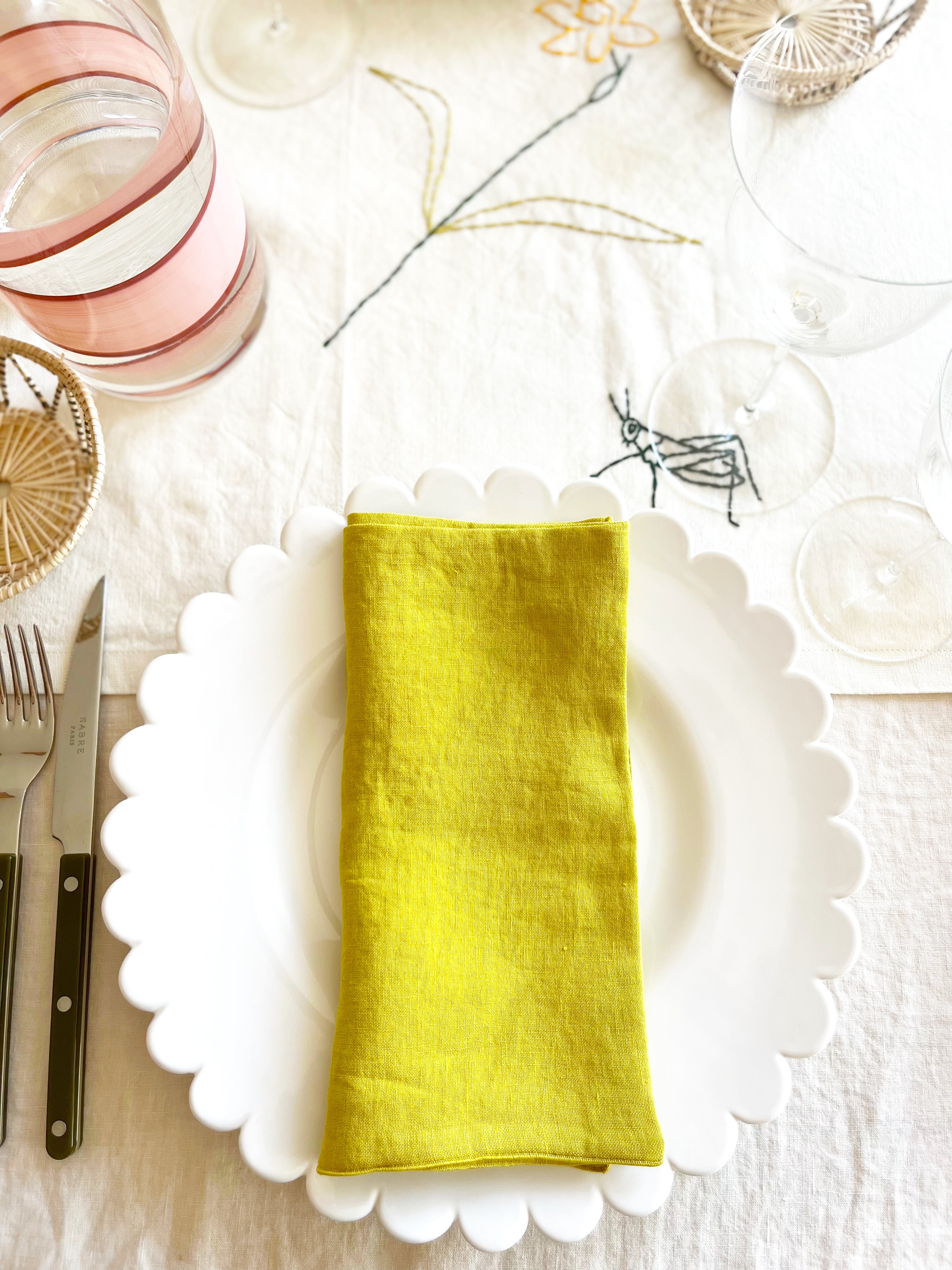 hand painted white salad plate with scalloped edge with yellow napkin