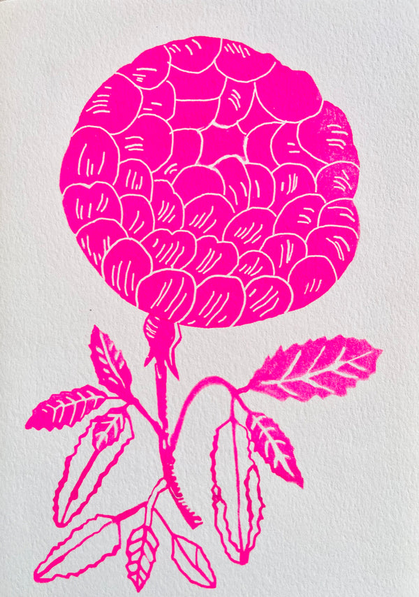 block print hand made card with large bright pink flower 7.25" by 10"