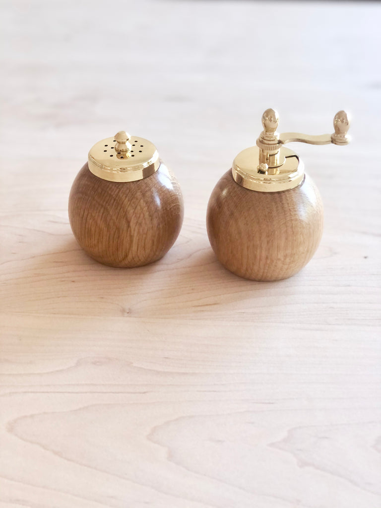wood salt and pepper grinders brass tops