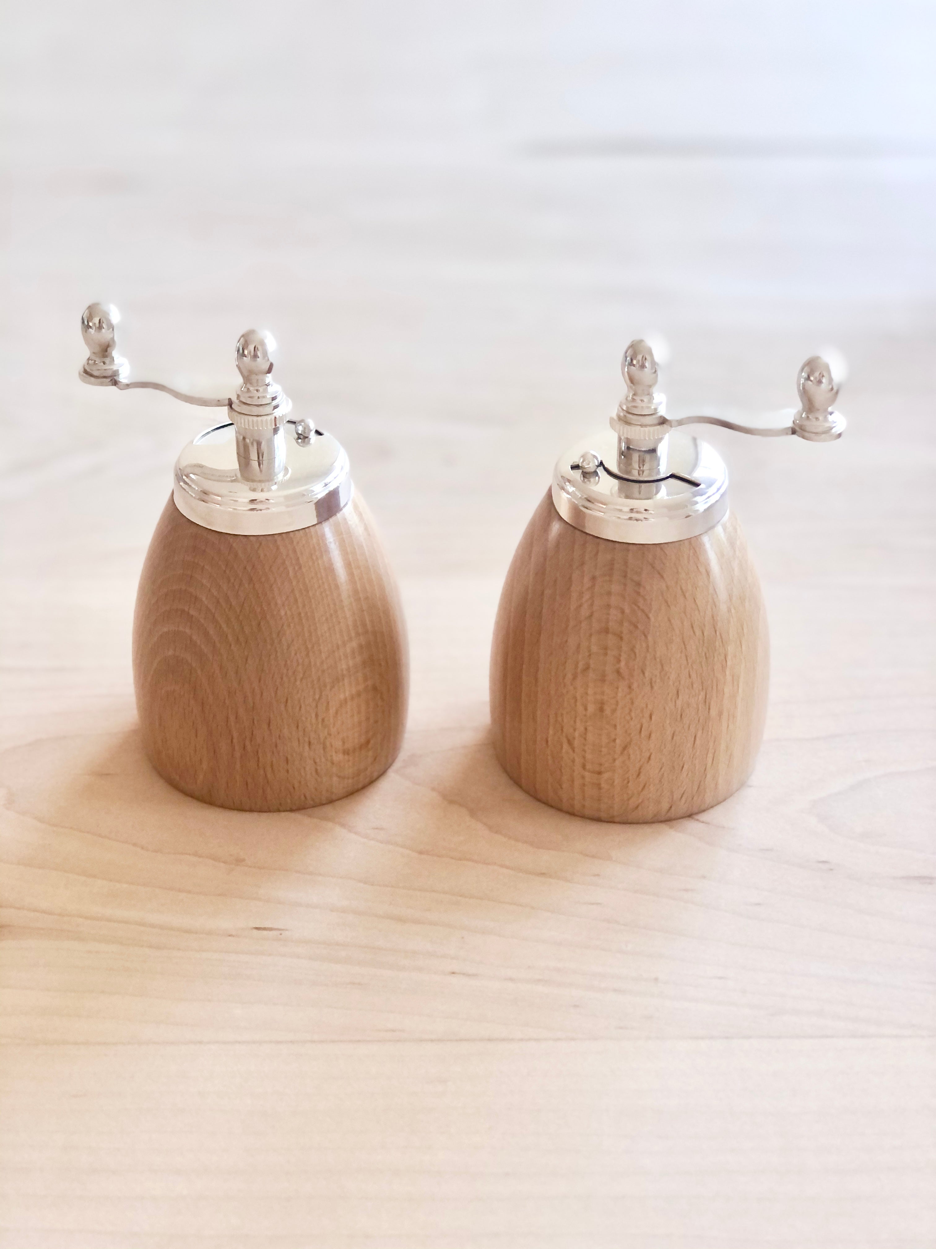 wood salt and pepper mills with silver top