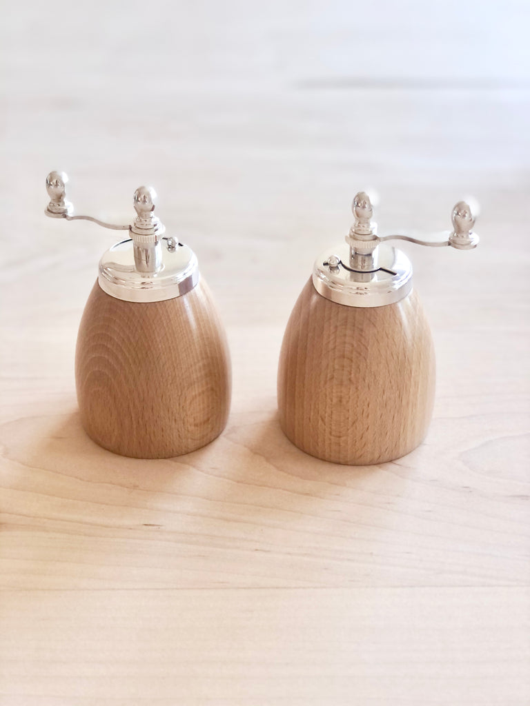 wood salt and pepper mills with silver top